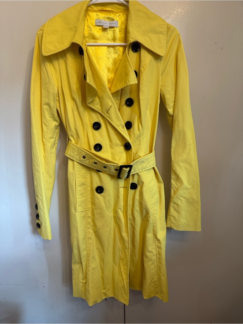 New York & Company Yellow Double-Breasted Trench Coat with Black Buttons